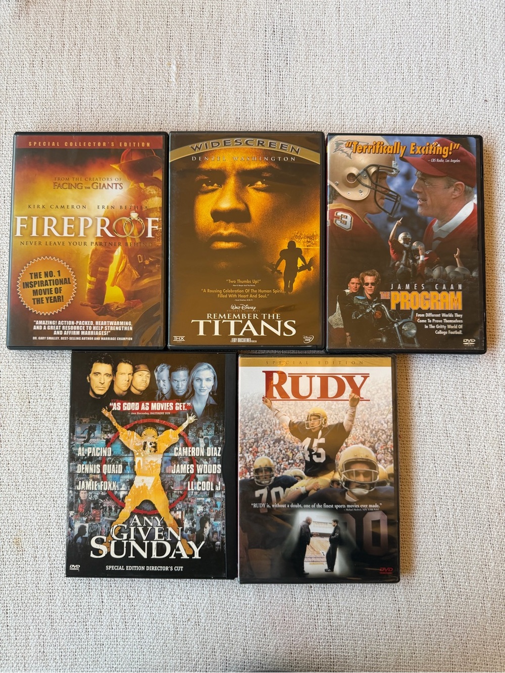 Set of 5 Movie DVDs Remember of Titans/Rudy/Any Given Sunday/Fireproof/Program